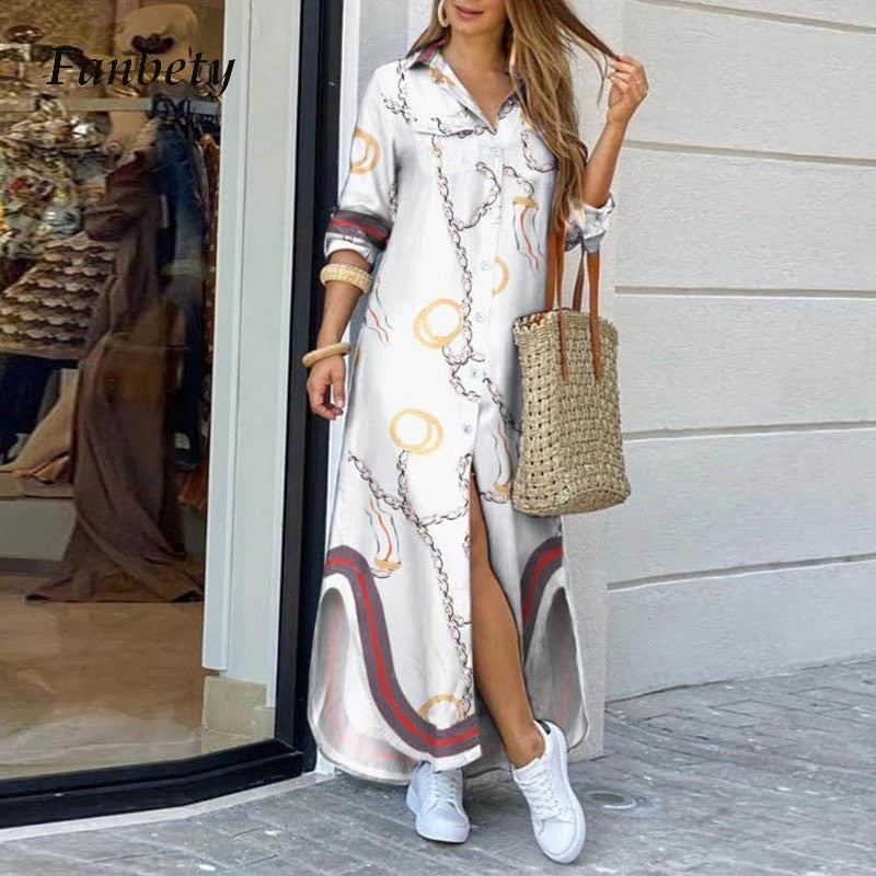 Hoobd Fashion Women Long Sleeve Shirt Dress Autumn  Printed OL Long Dresses Laides Turn-down Collar Loose Sundress Party Dresses
