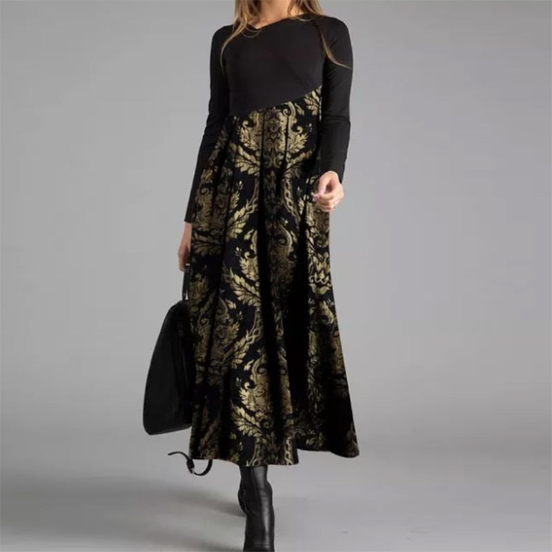 Hoobd Elegant Women Long Dress V-Neck A-Line Dress Spring Autumn Vintage Cotton Long Sleeves Party Dresses Lady Casual Loose Vestidos