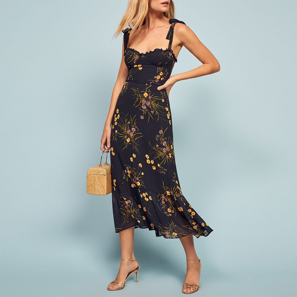 Dresses For Women 2023 Elegant Vintage Floral Dress Frill Sweetheart Neck Sleeveless Strap Tie Ruffle Hem Summer Beach Dress