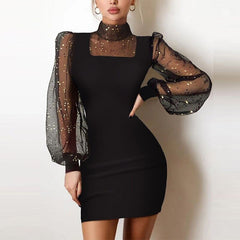 Hoobd Shiny Silk Turtleneck Bodycon Evening Dress Sexy Mesh Patchwork Long Sleeve A-line Dress Women Elegant Hollow Out Fashion Dress