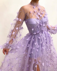 Hoobd Women&#39;s Fashion 3D Flower Embroidered Mesh Tulle Dress Party Night Nightclub Purple Gauze Evening Prom Dress Female See Through