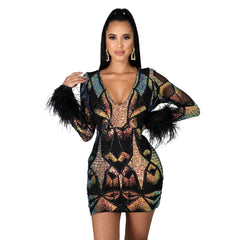 Hoobd Women Sexy Sequins Feather Night Club Party Dress Deep V Neck Sheer Mesh Long Sleeve Bodycon Mini Dresses Vestidos