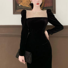 Black Elegant Evening Midi Dress Women Bodycon France Vintage Velvet Party Dress Ladies Korean Fashion Chic Dresses Autumn
