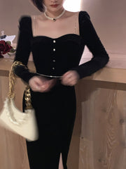 Black Sexy Elegant Dress Women Autumn France Vintage Evening Party Midi Dresses Casual Designer Korean Fashion Clothing New