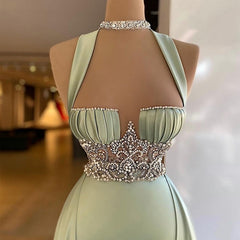 Hoobd Arabic Green Mermaid Evening Dress Elegant Sleeveless Halter Neck Soft Satin Beading Prom Dresses Long Party Gown