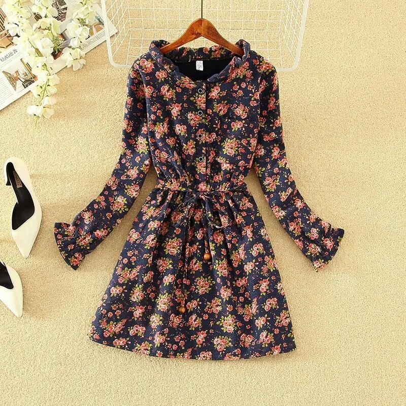 New Autumn Winter Women Dress Long Sleeve Sweet Shirt Dress Cotton Linen Velvet Thick Casual Vintage Dresses Vestidos