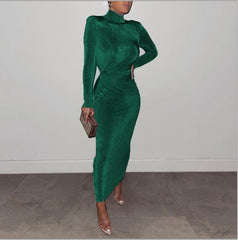 Hoobd Sexy Long Sleeve Turtleneck Midi Dress for Women 2023 Spring Women&#39;s Elegant Bodycon Evening Party Long Dresses Black Blue Khaki