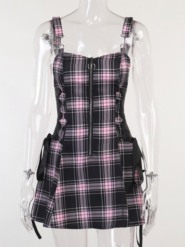 Hoobd Gothic Plaid Bandage Black Blue Dress Women Vintage Sleeveless Zipper Sexy Mini Dress Punk Aesthetic Summer A Line Dress