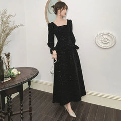 Korean Square Collar Sequins Elegant Velvet Dress Women Flare Long Sleeve Backless Maxi Dress Office Lady High Waist Slim Dress