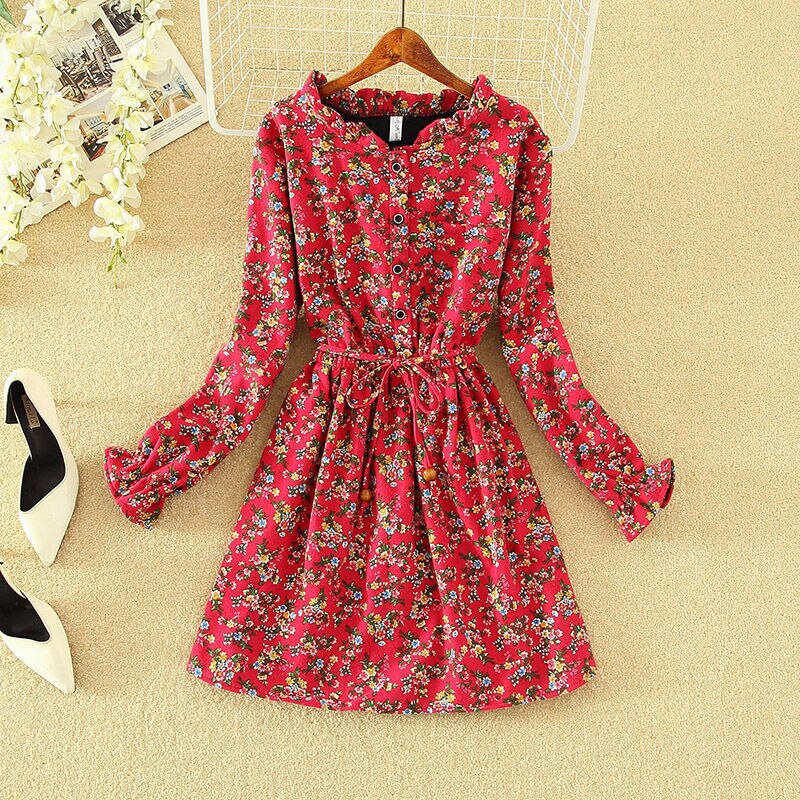 New Spring Autumn Women Dress Velvet Floral Dress Long Sleeve Female Elastic Waist Shirt Dresses Party Vestidos Femme
