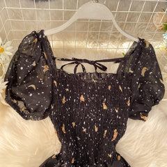 Hoobd New Summer Women Floral Print Mesh Dress Female Short Sleeve Holiday Beach Dress A-line Black Party Dresses Vestidos P776