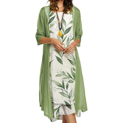 Hoobd Fashion Women Dress Autumn Sleeveless O-neck Print Loose Party Dresses +Cardigan Shawl Elegant Casual Lady Two Piece Set Dress