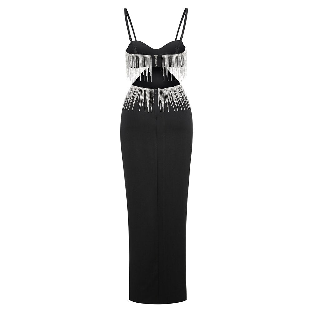 Hoobd Sexy Spaghetti Tassel Diamond Tight Dress Maxi Club Luxury Bodycon Dress Backless High Slit Dress Celebrity Evening Party Dress