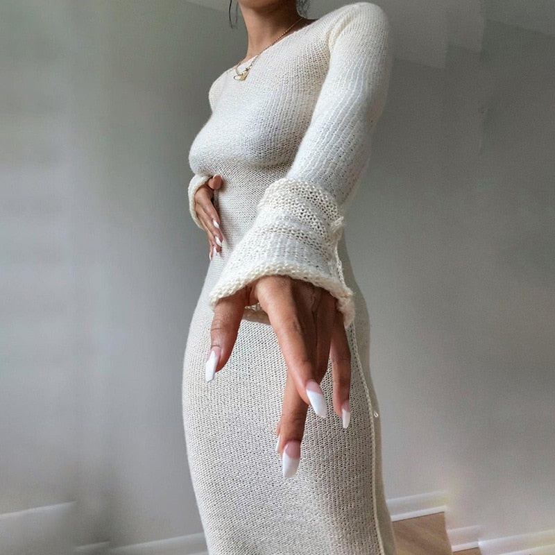 Hoobd New Knitted Bodycon Dress Fairy Grunge Casual Fashion Streetwear Women Autumn Y2K Solid O-neck Long Sleeve Maxi Dresses