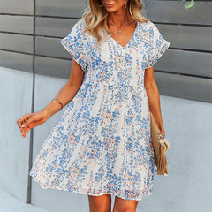 Floral Print Ruffles Summer Dress Elegant V-neck Butterfly Sleeve Mini Dresses For Women Holiday Party Dress Vestidos