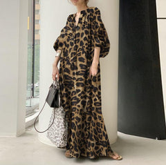 Fashion Printed Maxi Dress Women's Leopard Sundress 2022 Spring Puff Sleeve Long Vestidos Female V Neck Robe Oversize