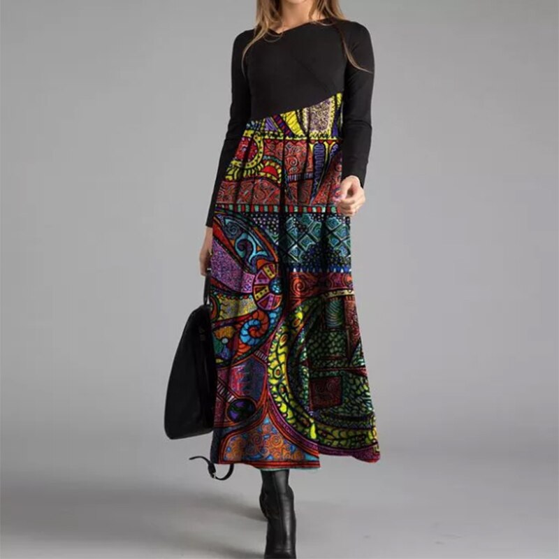 Hoobd Elegant Women Long Dress V-Neck A-Line Dress Spring Autumn Vintage Cotton Long Sleeves Party Dresses Lady Casual Loose Vestidos