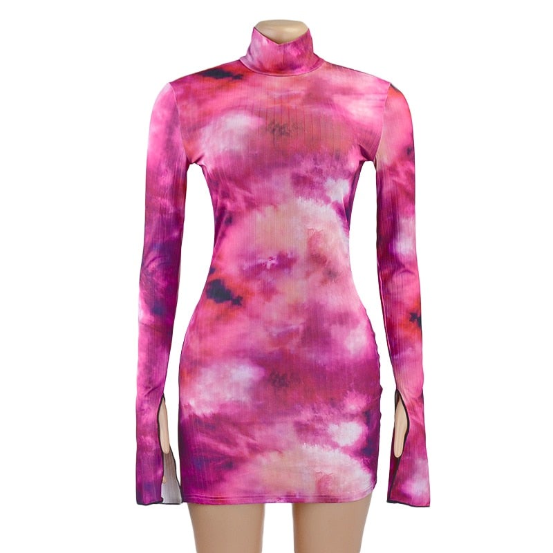 Hoobd Tie Dye Mock Neck Bodycon Dresses For Women Side Split Ribbed Long Sleeve Clubwear Midnight Outfit Party Mini Dress Hot