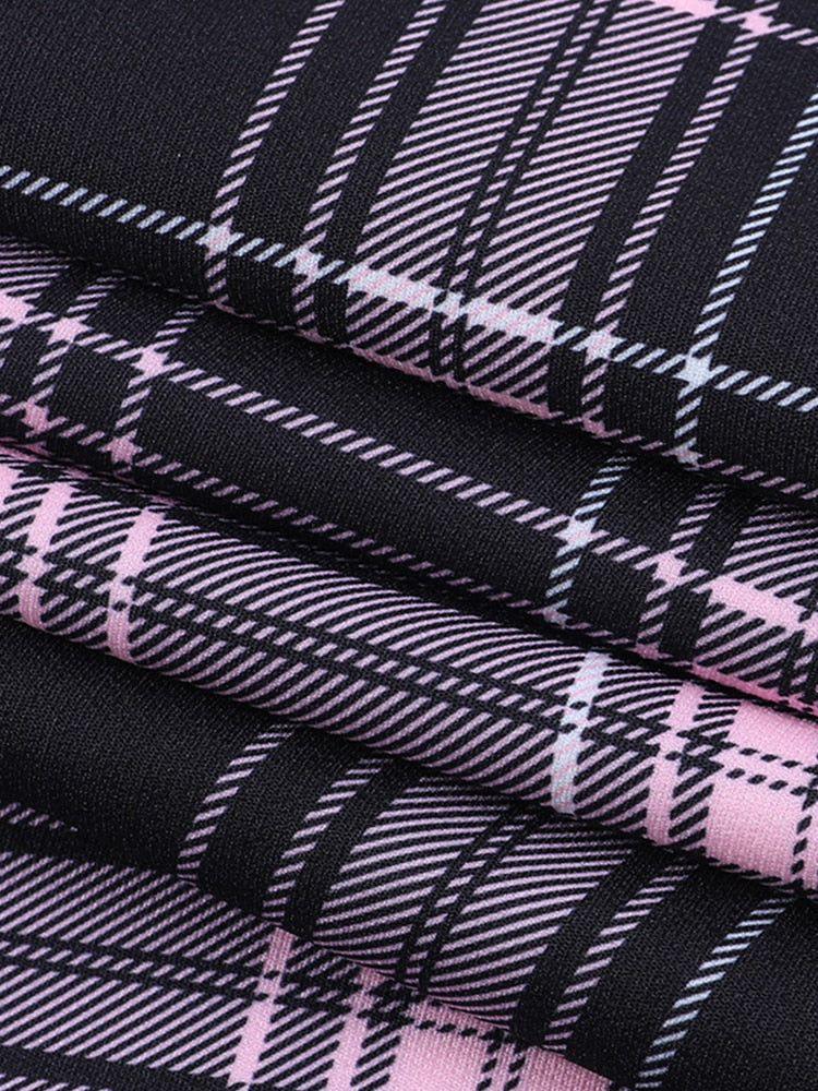 Hoobd Gothic Plaid Bandage Black Blue Dress Women Vintage Sleeveless Zipper Sexy Mini Dress Punk Aesthetic Summer A Line Dress
