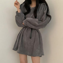Women Vintgae Sashes Corduroy A-line Party Dress Lantern Sleeve O neck Solid High Street Casual Dress Winter Fashion Dress