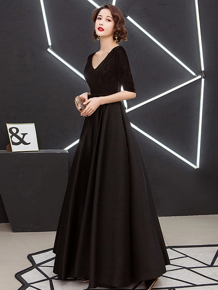 V-neck Bow Waist A-line Satin Evening Dress