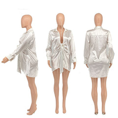 Hoobd Sexy Lace Up Satin Shirt Dress Women Long Sleeve Club Party Wear V Neck Turn Down Collar Mini Dresses Solid Bodycon Dress 2023