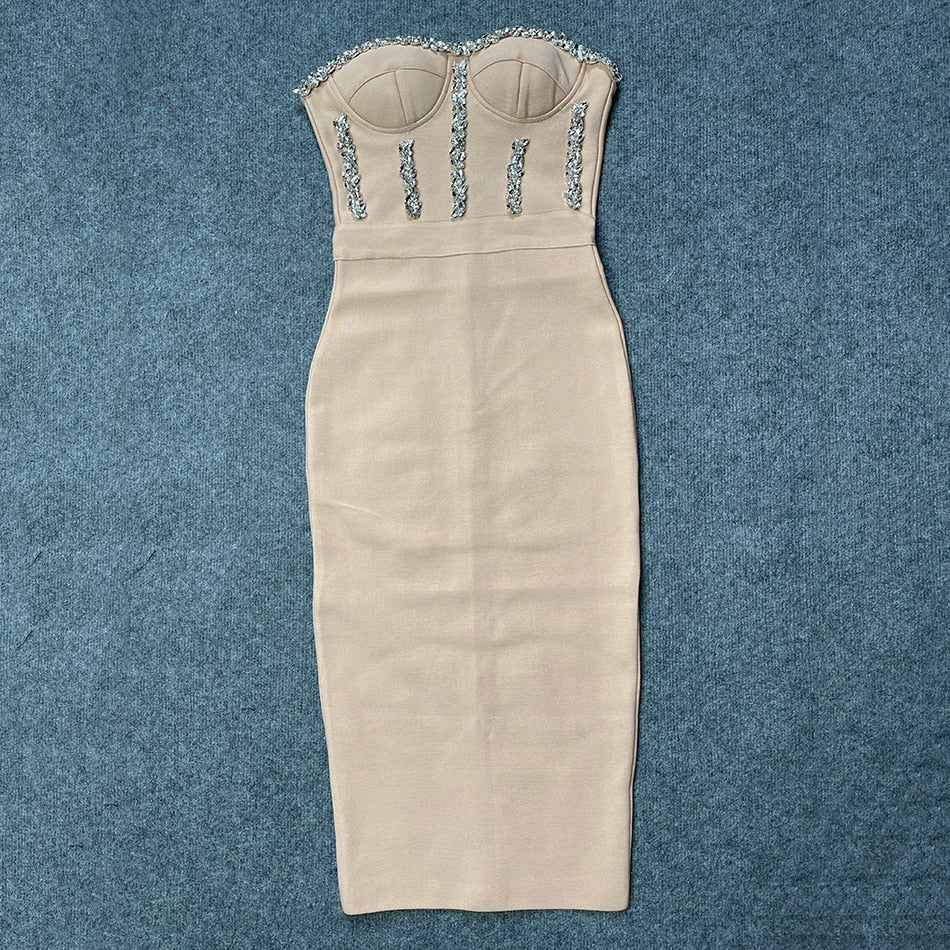 New Women&#39;S Fashion Bead Chain Crystal Design Long Dress Sexy Sleeveless Backless Celebrity Party Bandage Dress