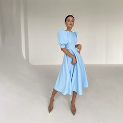 O Neck Backless Midi Party Dress Summer Elegant Puff Sleeve A line Solid Folds Night Club Dresses For Women 2024