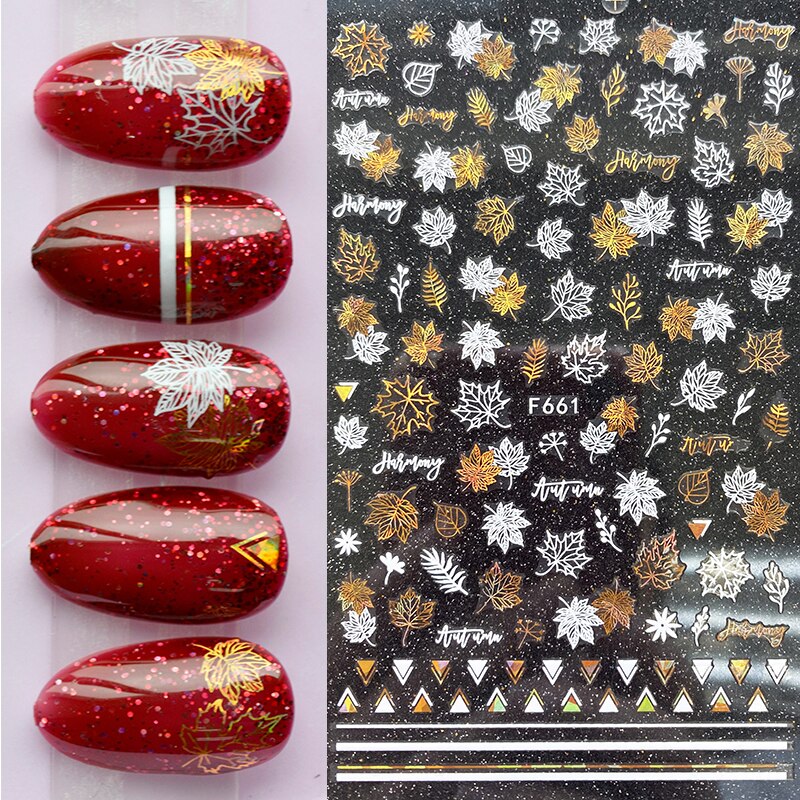 Hoobd1pcs Gold iridescent Maple Leaf 3D Nail Sticker Fall Autumn Pattern Adhesive Transfer Stickers Shiny DIY Nail Art Decoration
