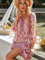 Bohe Vintage Floral Print Tassel Loose Summer Dress For Women Casual V-neck Ruffles Mini Dress Female Spring Holiday Party Dress