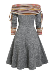 Hoobd Convertible Cinched Striped Flare Dress Foldover Off The Shoulder Knitted Dresses Women 2023 Long Sleeve Jurken