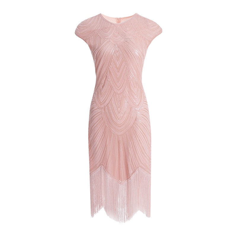 Flapper Great Gatsby Dress O-Neck Cap Sleeve Sequin Fringe Party Midi Dress
