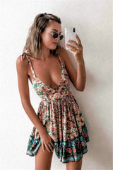 Hoobd Bohemian Style Women Summer A-Line Dress Bandage Design Sling Sleeveless V-Neck Backless Leopard Flower Print Slim Mini Dress