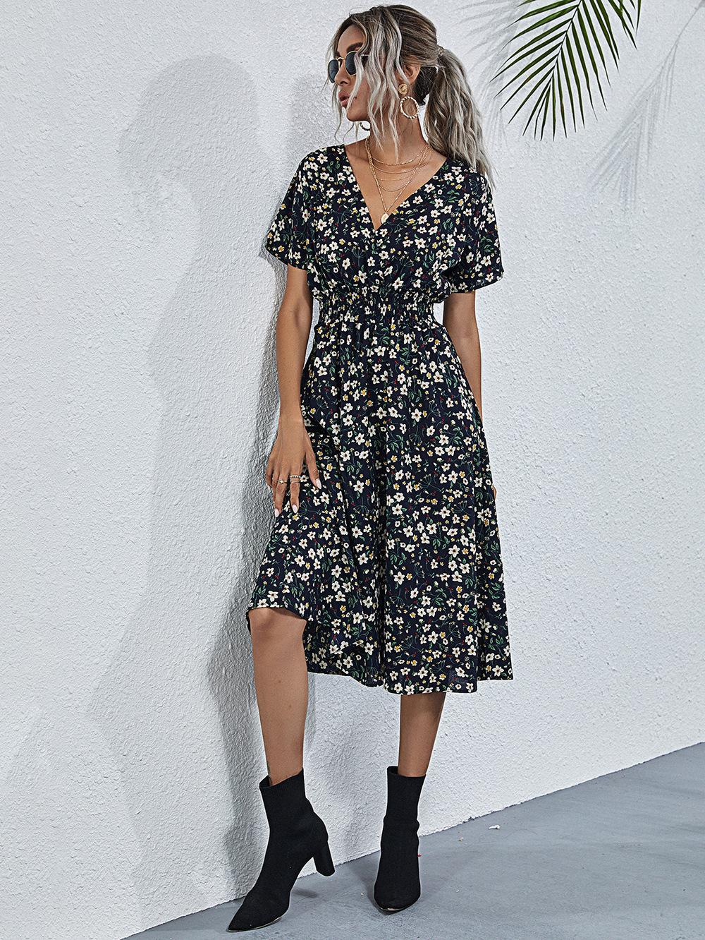 Hoobd graduation outfit ideas 90s latina aesthetic freaknik fashion baseball game tomboy style swaggy going out classic edgy brunch cute White Floral Printing Summer Chiffon Beach Dress  Casual V-neck Short Sleeve A-line Women Midi Dresses Vestidos