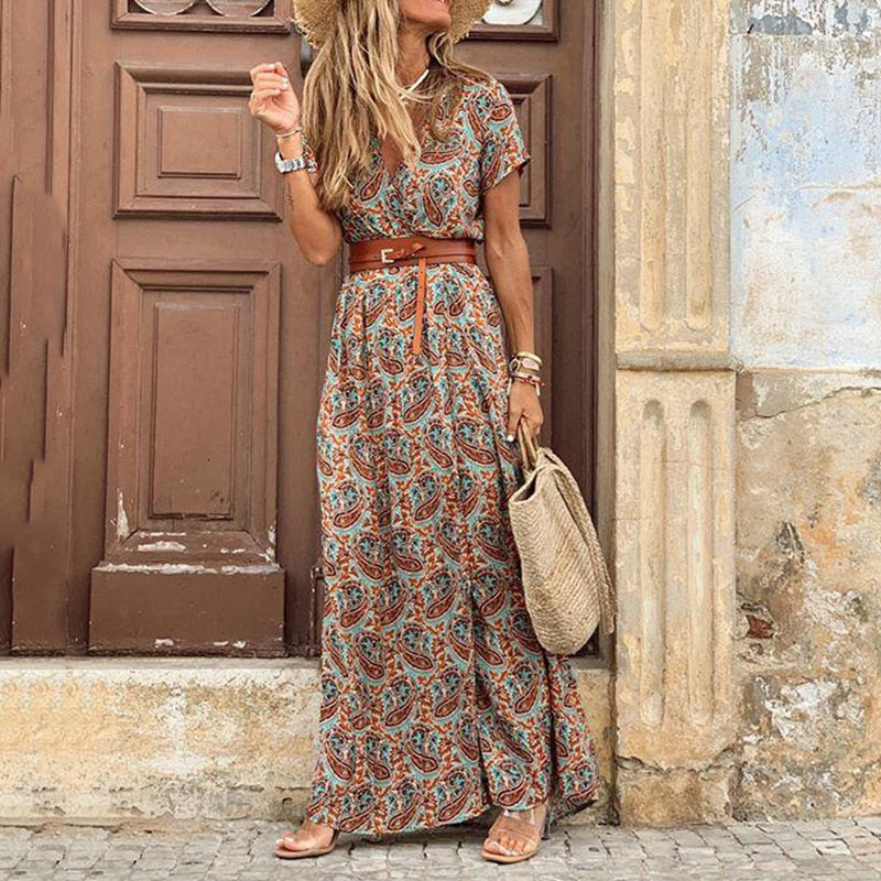 Hoobd Autumn Dress 2023 Women New Fashionable Bohemian V-neck Floral Print Long Dress Female Short Sleeve Sexy High Split Maxi Dresses