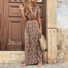 Hoobd Autumn Dress 2023 Women New Fashionable Bohemian V-neck Floral Print Long Dress Female Short Sleeve Sexy High Split Maxi Dresses