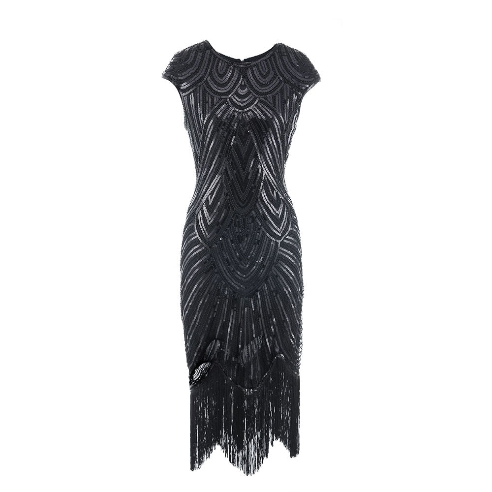 Flapper Great Gatsby Dress O-Neck Cap Sleeve Sequin Fringe Party Midi Dress