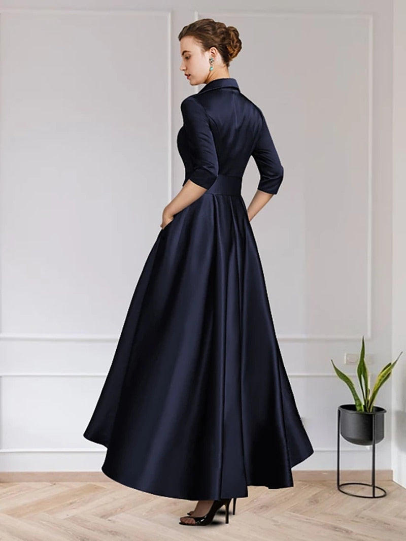 Hoobd On Sale Charming Dark Navy Mother of the Bride Dresses with 3/4 Sleeves V Neck Bow Belt Wedding Party Dresses High Low 2023