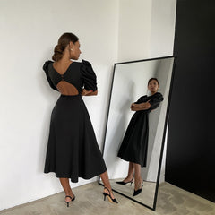 O Neck Backless Midi Party Dress Summer Elegant Puff Sleeve A line Solid Folds Night Club Dresses For Women 2024