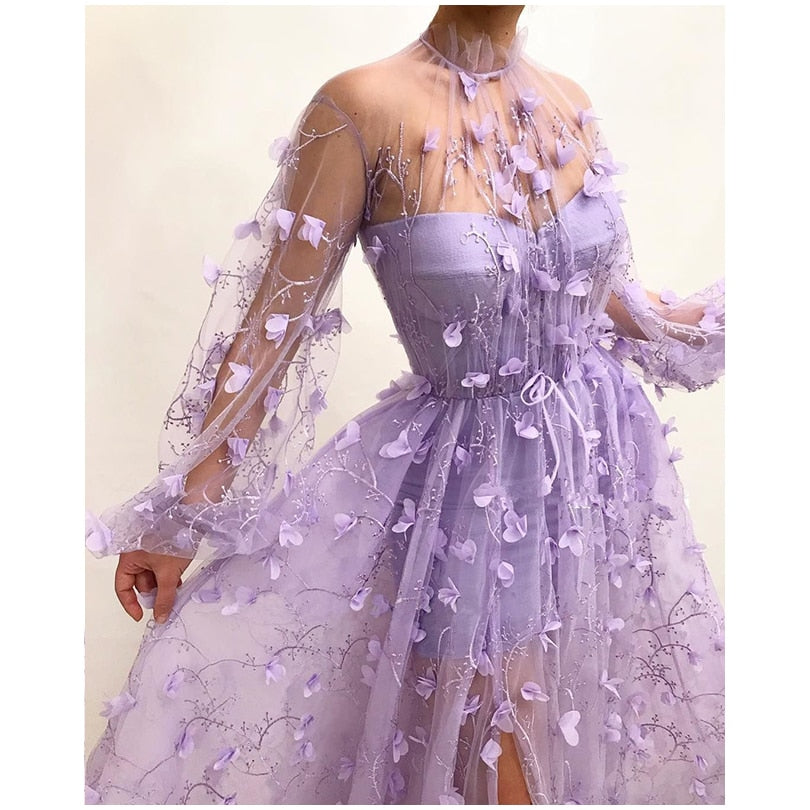 2023 Fashion Floral Long Sleeve Women Autumn Long Party Dress  Sexy Mesh Tulle Purple Maxi Dress Vestidos De Mujer