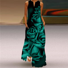 Ladies Spring Summer Long Dress Women Black Sleeveless V-neck Loose Party Dresses Casual Face Print Vintage Beach Dress