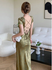 Elegant Women Green Satin Backless Evening Dress Ladies Lace Bandage Vintage Jacquard Mixi Dresses Party Vestidos Summer Robe