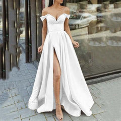 Hoobd Summer Women Off Shoulder Strapless Club Party Dress Spring Elegant Slash Neck Backless Maxi Dress Short Sleeve Split Lady Dress