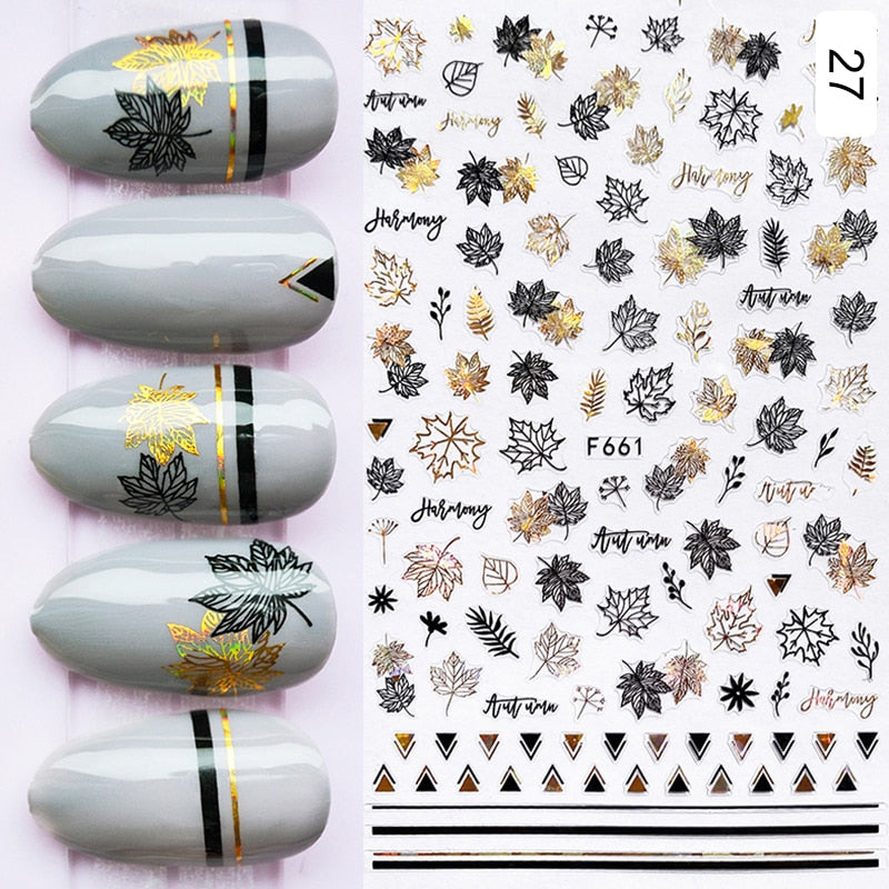 Hoobd1pcs Gold iridescent Maple Leaf 3D Nail Sticker Fall Autumn Pattern Adhesive Transfer Stickers Shiny DIY Nail Art Decoration