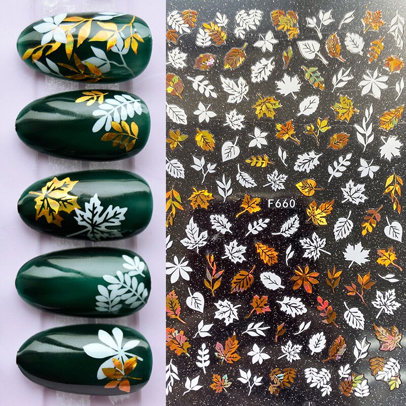 Hoobd1pcs Gold iridescent Maple Leaf 3D Nail Sticker Fall Autumn Pattern Adhesive Transfer Stickers Shiny DIY Nail Art Decoration