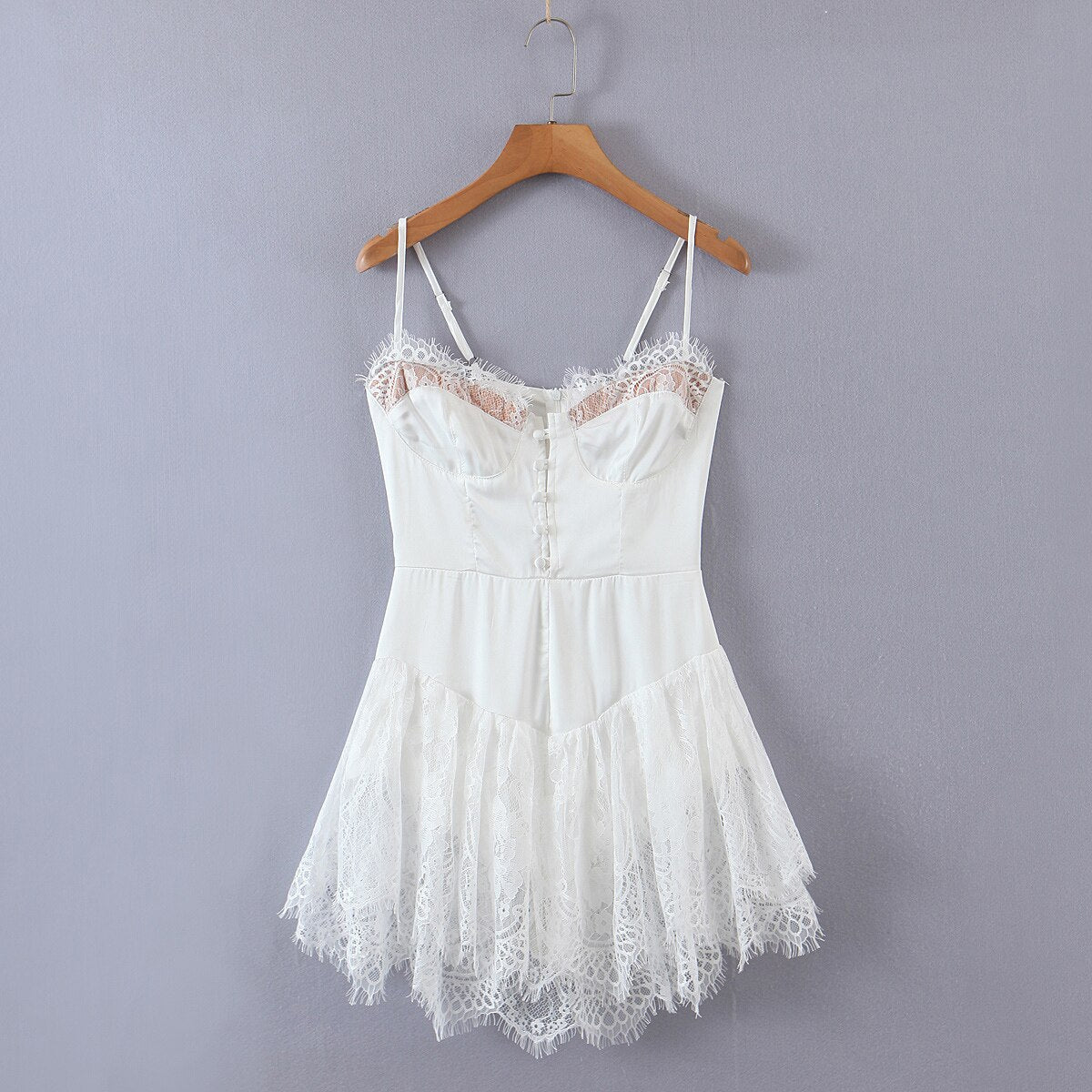 Romantic Women Lace Patchwork Sexy Sling Dress Ladies Satin Chiffon Super-Short Dress Summer Beach Vestido
