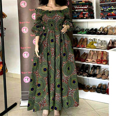 African National Print Party Dress Women Casual Sexy Slash-neck Lady Maxi Dress New Vintage Long-sleeved Loose Elegant Dress