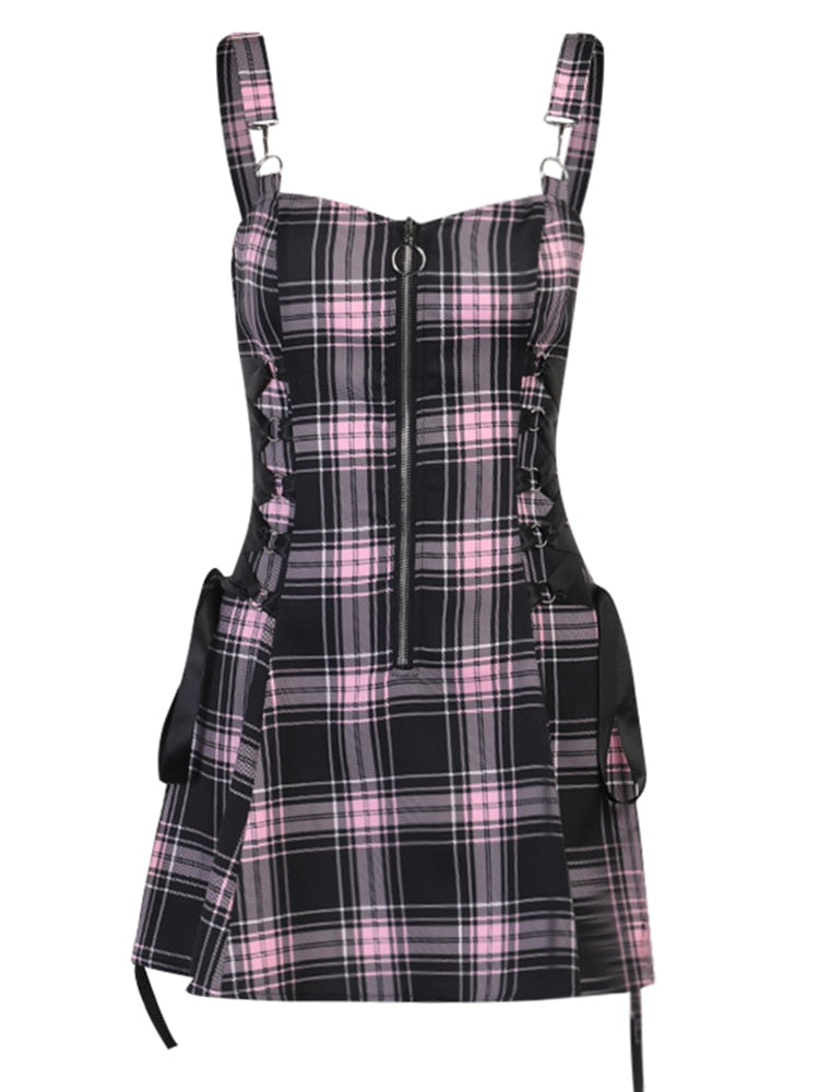 Hoobd Gothic Plaid Bandage Black Blue Dress Women Vintage Sleeveless Zipper Sexy Mini Dress Punk Aesthetic Summer A Line Dress
