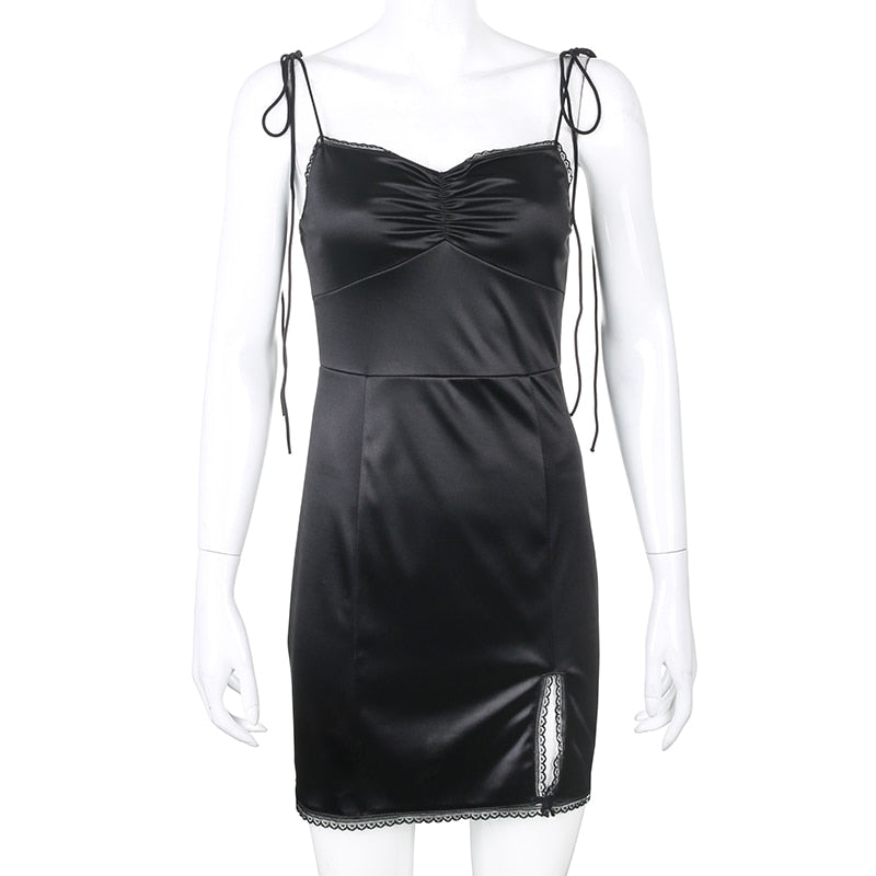 Strappy Satin Ruched Black Dress