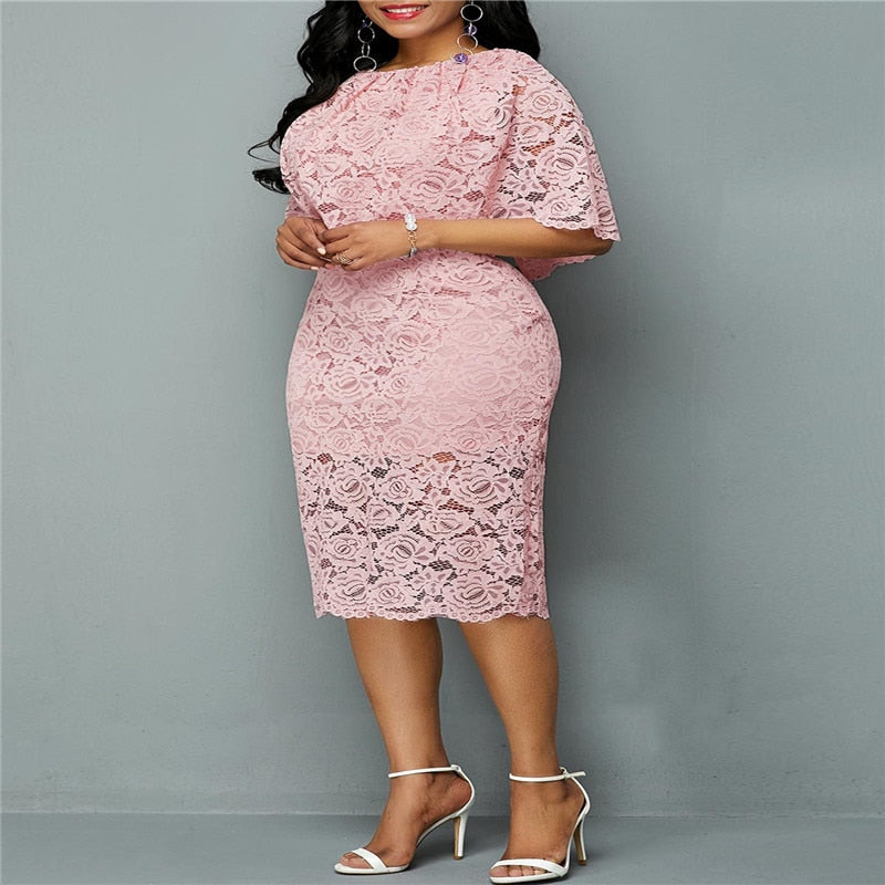 5XL 6XL Women Summer Autumn  Dress Elegant  Pink Lace Dress Female  Evening Party Dresses Vestido Oversized